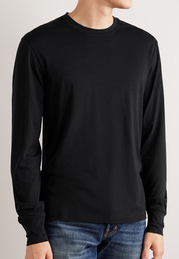 Men Black Long Sleeve T-shirt Classic Crew Neck Relaxed Fit