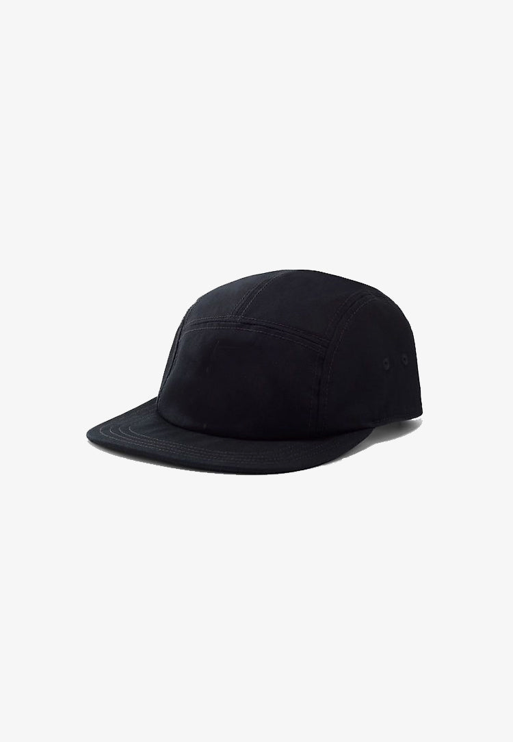 5-Panel Black Cap with Adjustable Back Strap and Flexible Brim